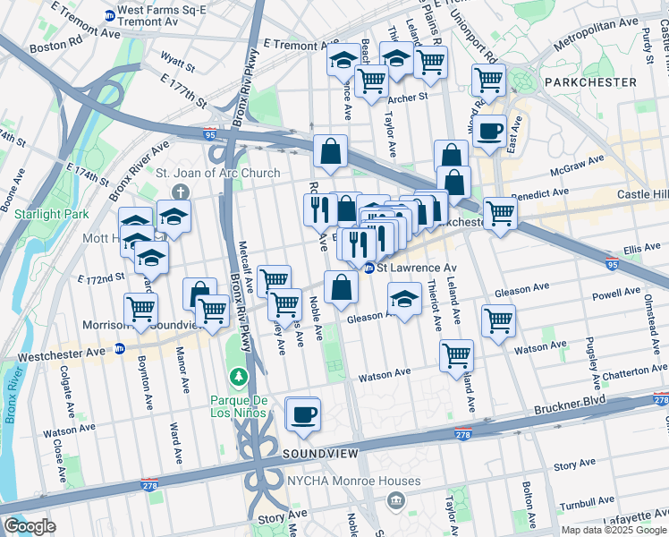 map of restaurants, bars, coffee shops, grocery stores, and more near 1256 Rosedale Avenue in Bronx