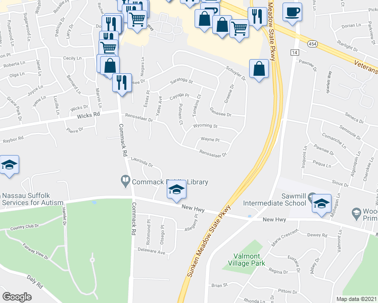 map of restaurants, bars, coffee shops, grocery stores, and more near 42 Rensselaer Drive in Commack
