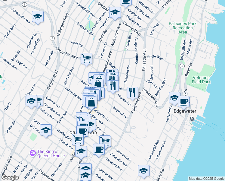 map of restaurants, bars, coffee shops, grocery stores, and more near 799 Abbott Boulevard in Fort Lee