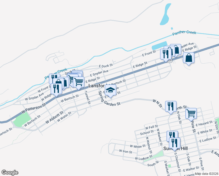 map of restaurants, bars, coffee shops, grocery stores, and more near 205 East Kline Avenue in Lansford