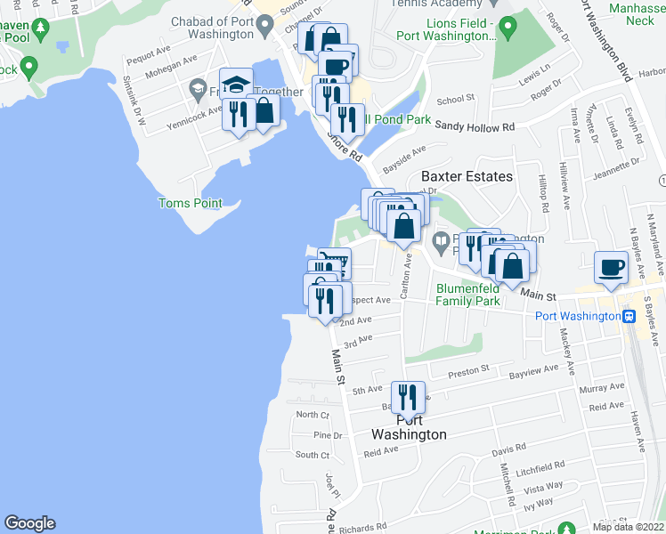 map of restaurants, bars, coffee shops, grocery stores, and more near 357 Main Street in Port Washington