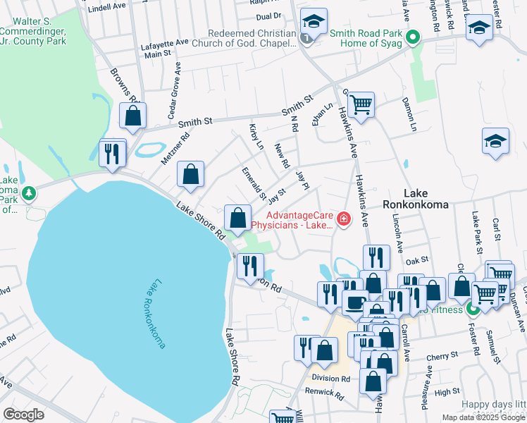 map of restaurants, bars, coffee shops, grocery stores, and more near 26 Jay Street in Lake Ronkonkoma