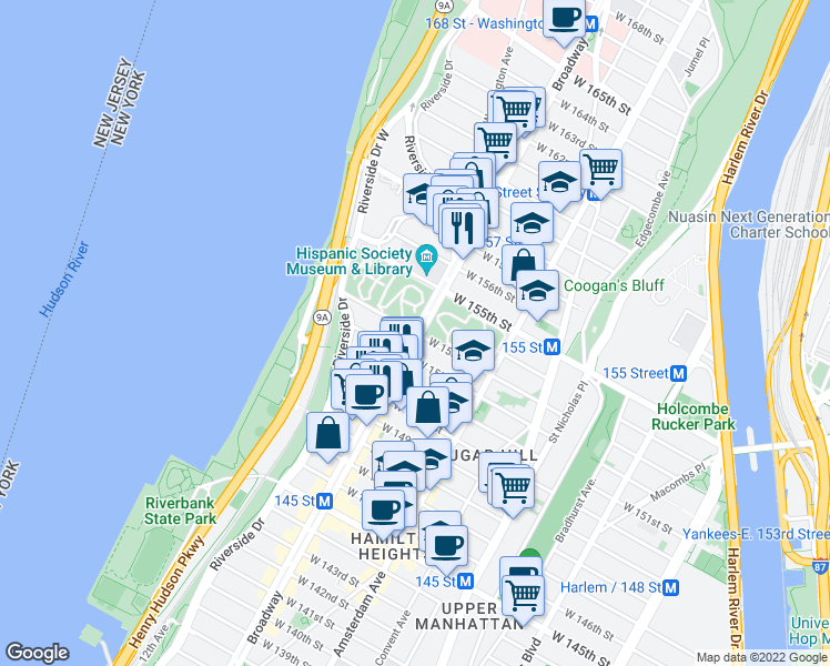 map of restaurants, bars, coffee shops, grocery stores, and more near Broadway & W 153rd St in New York