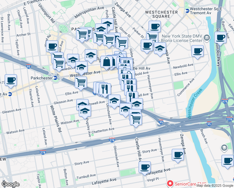 map of restaurants, bars, coffee shops, grocery stores, and more near 2138 Gleason Avenue in Bronx