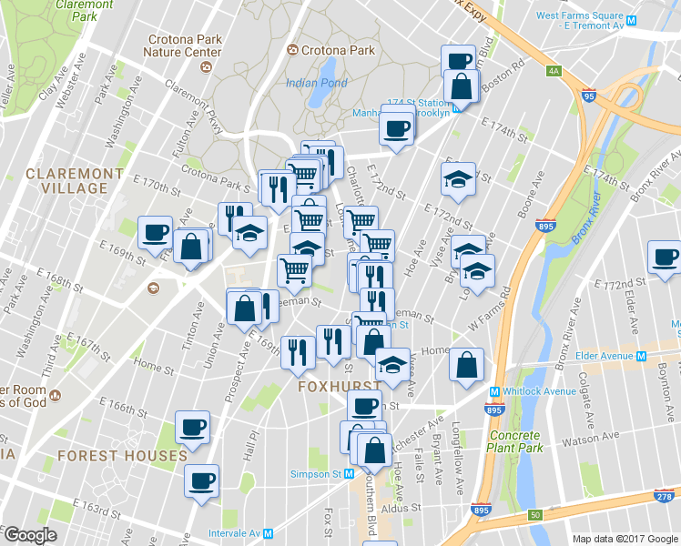 map of restaurants, bars, coffee shops, grocery stores, and more near 1355 Intervale Avenue in Bronx