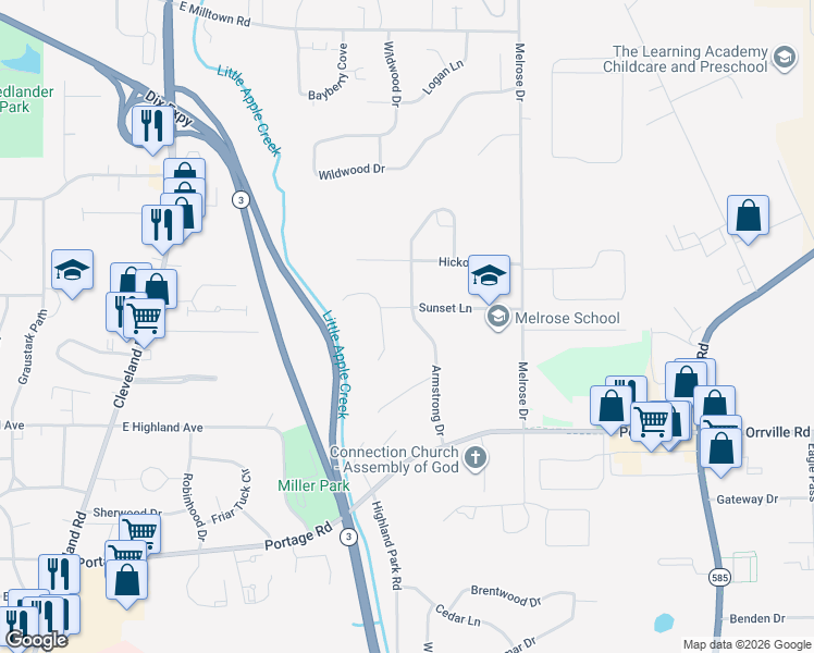 map of restaurants, bars, coffee shops, grocery stores, and more near 2640 Armstrong Drive in Wooster