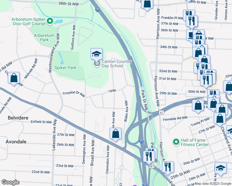 map of restaurants, bars, coffee shops, grocery stores, and more near 2646 Orchard Park Drive Northwest in Canton