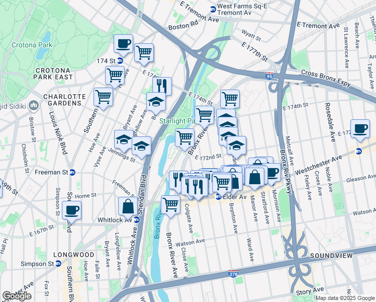 map of restaurants, bars, coffee shops, grocery stores, and more near 1303 Bronx River Avenue in Bronx
