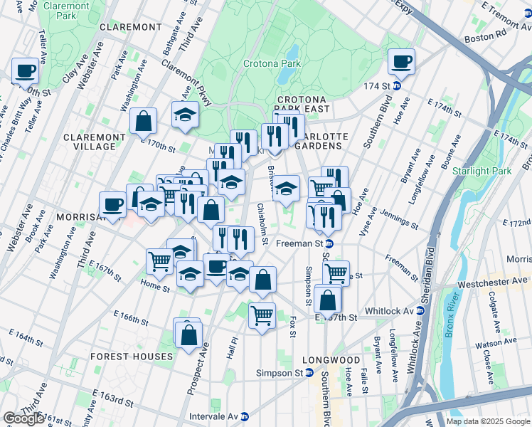map of restaurants, bars, coffee shops, grocery stores, and more near in The Bronx