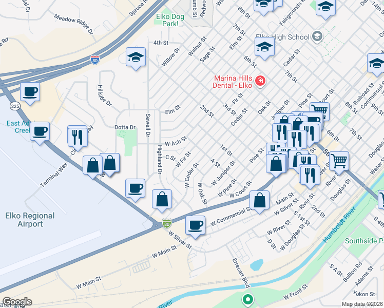 map of restaurants, bars, coffee shops, grocery stores, and more near 247 West Fir Street in Elko