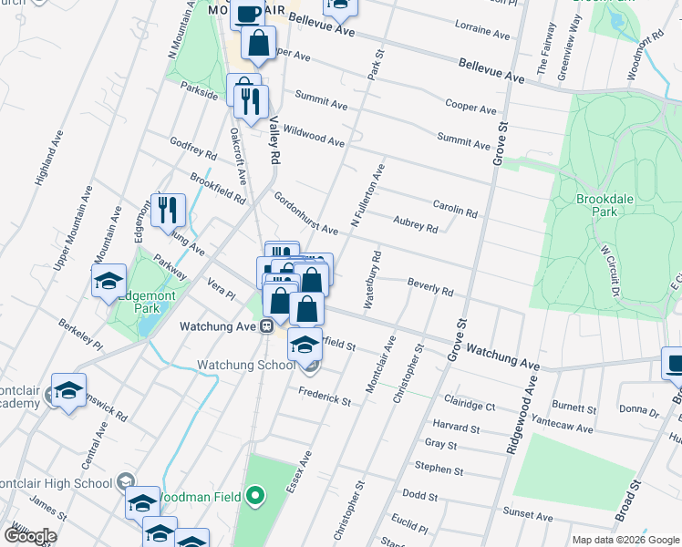 map of restaurants, bars, coffee shops, grocery stores, and more near 349 North Fullerton Avenue in Montclair