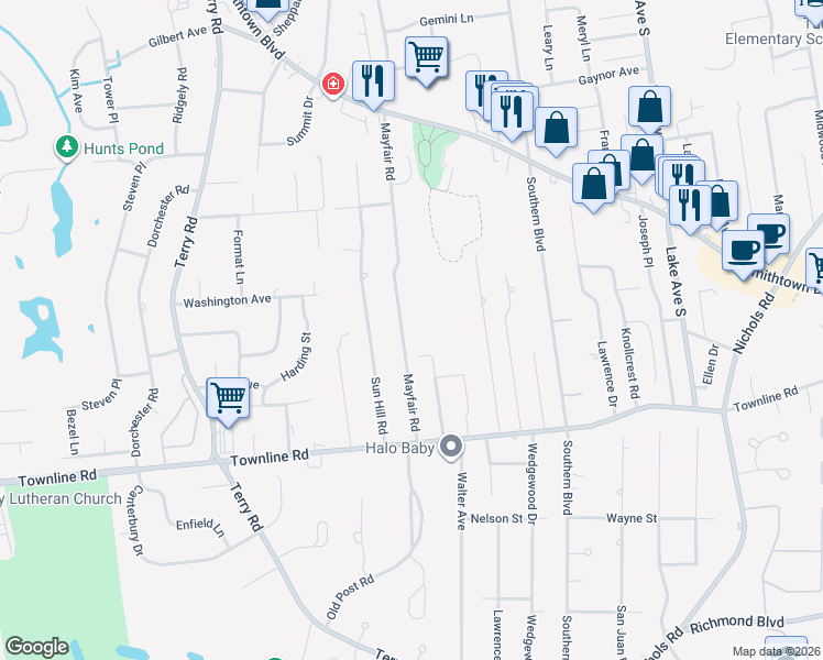map of restaurants, bars, coffee shops, grocery stores, and more near 87 Mayfair Road in Nesconset