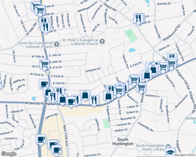 map of restaurants, bars, coffee shops, grocery stores, and more near 39 Schiller Avenue in Huntington Station