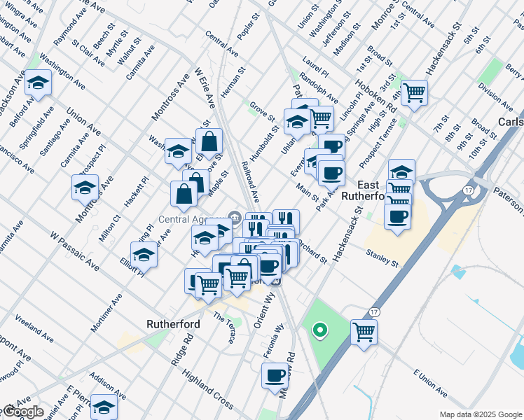 map of restaurants, bars, coffee shops, grocery stores, and more near 207 Everett Place in East Rutherford