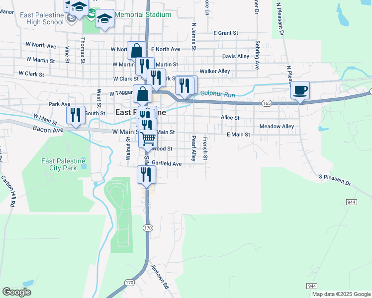 map of restaurants, bars, coffee shops, grocery stores, and more near 189 Wood Street in East Palestine