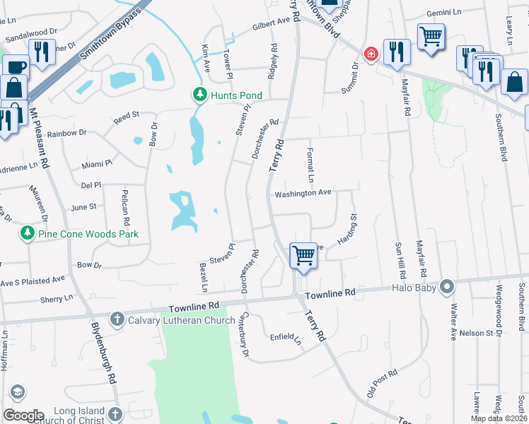map of restaurants, bars, coffee shops, grocery stores, and more near 314 Terry Road in Smithtown