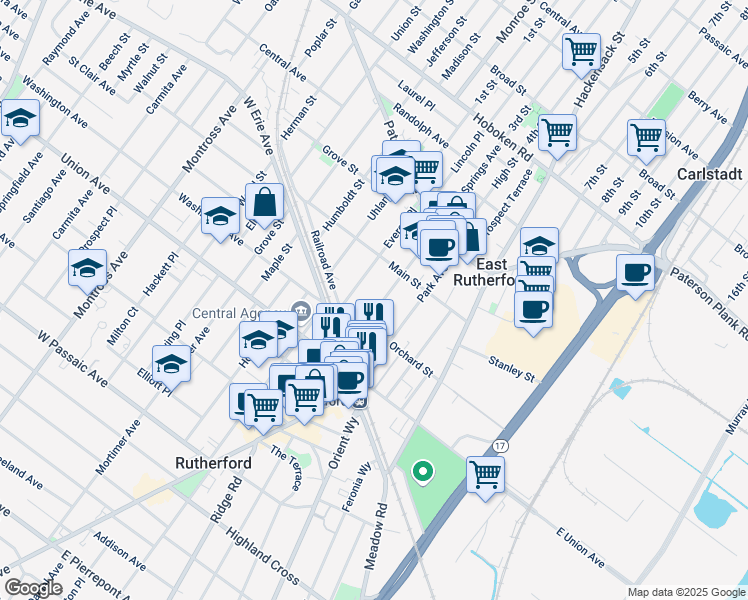 map of restaurants, bars, coffee shops, grocery stores, and more near 191 Boiling Springs Avenue in East Rutherford