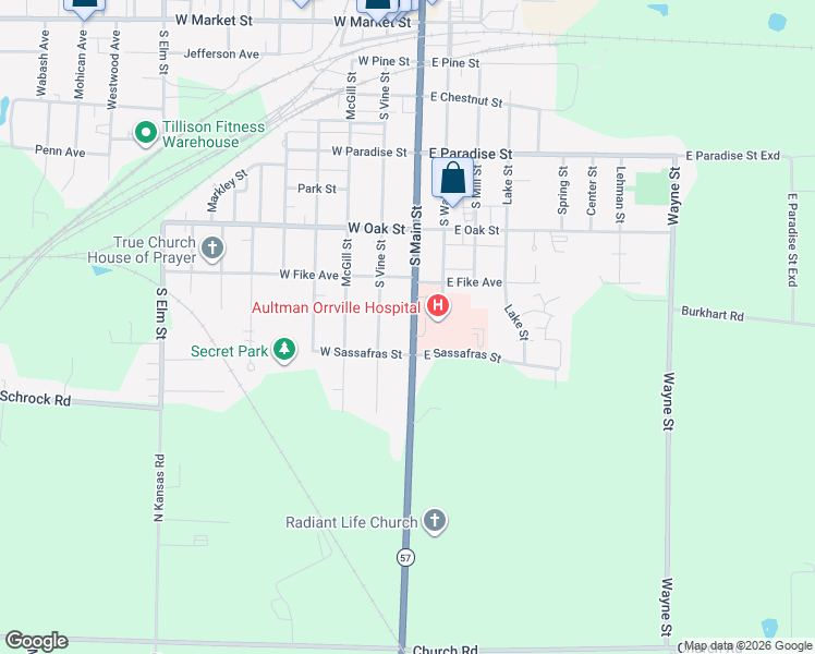 map of restaurants, bars, coffee shops, grocery stores, and more near 853 South Main Street in Orrville