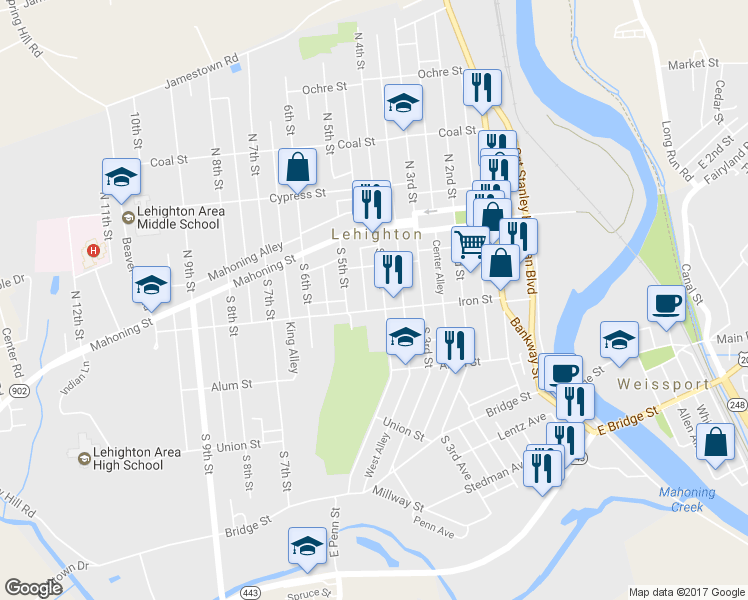 map of restaurants, bars, coffee shops, grocery stores, and more near 178 S 4th St in Lehighton