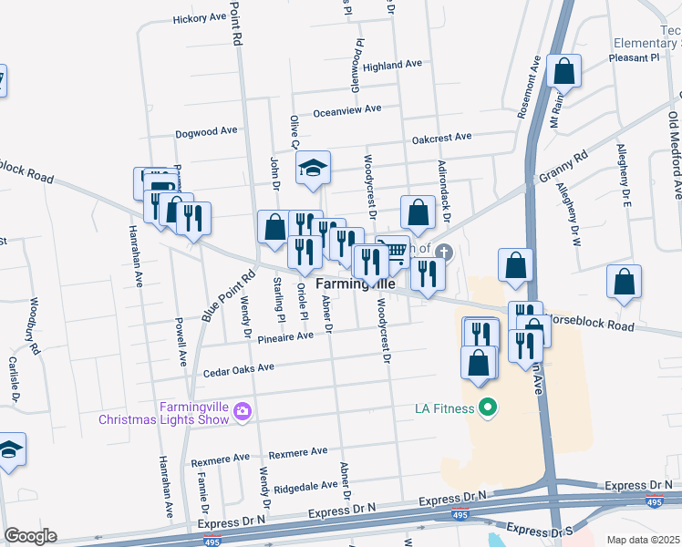 map of restaurants, bars, coffee shops, grocery stores, and more near 779 County Road 16 in Farmingville