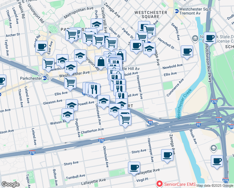 map of restaurants, bars, coffee shops, grocery stores, and more near 1177 Castle Hill Avenue in Bronx