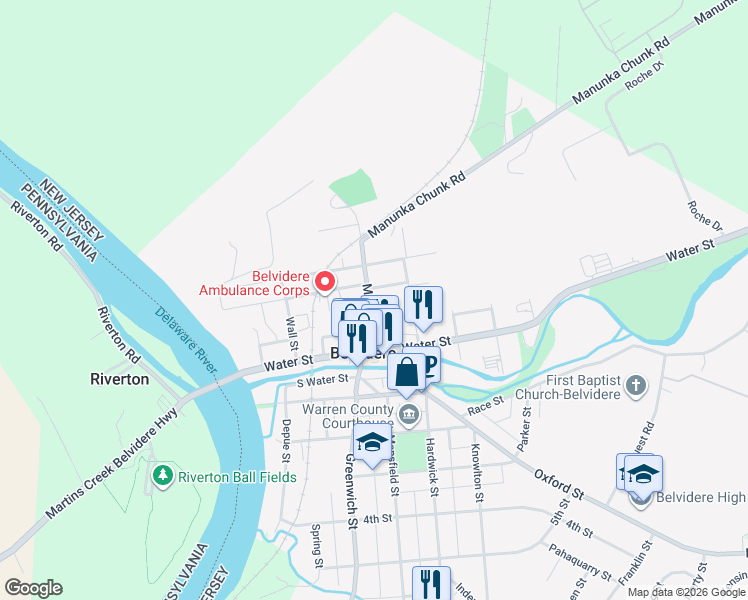 map of restaurants, bars, coffee shops, grocery stores, and more near 194 Market Street in Belvidere