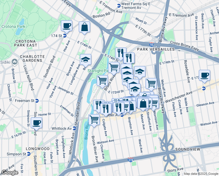 map of restaurants, bars, coffee shops, grocery stores, and more near 1311 Wheeler Avenue in Bronx