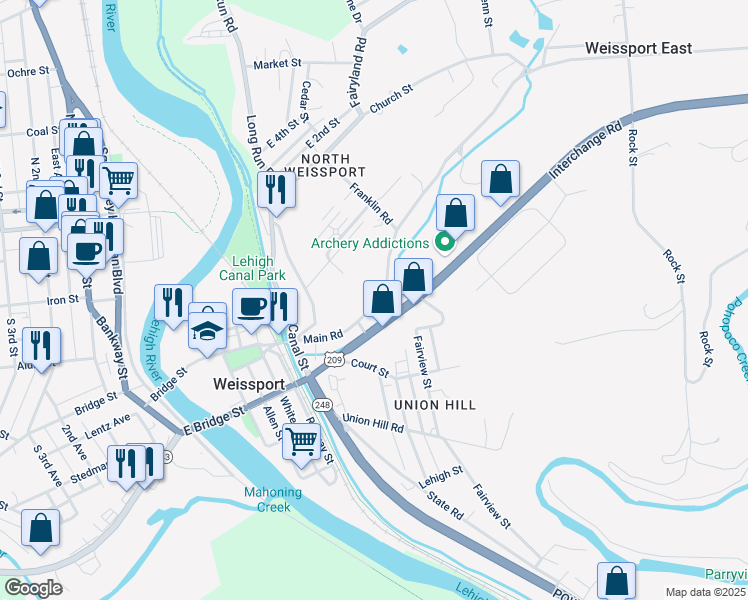 map of restaurants, bars, coffee shops, grocery stores, and more near 214 Main Rd in Lehighton