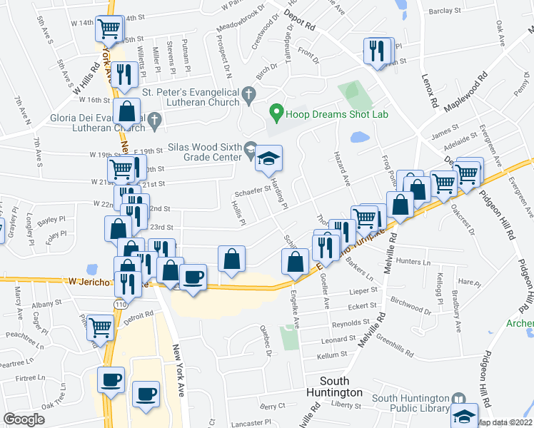 map of restaurants, bars, coffee shops, grocery stores, and more near 39 Schiller Avenue in Huntington Station