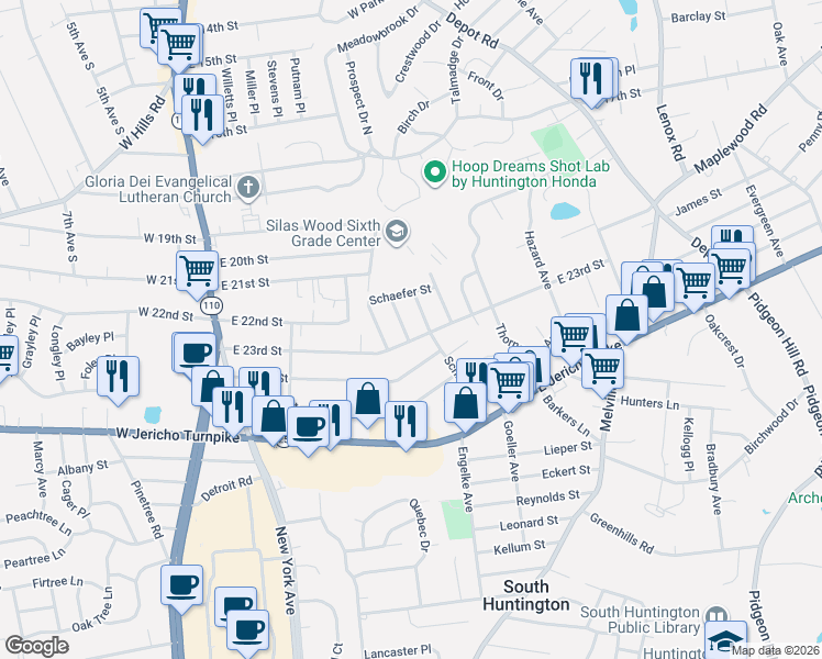 map of restaurants, bars, coffee shops, grocery stores, and more near 39 Schiller Avenue in Huntington Station