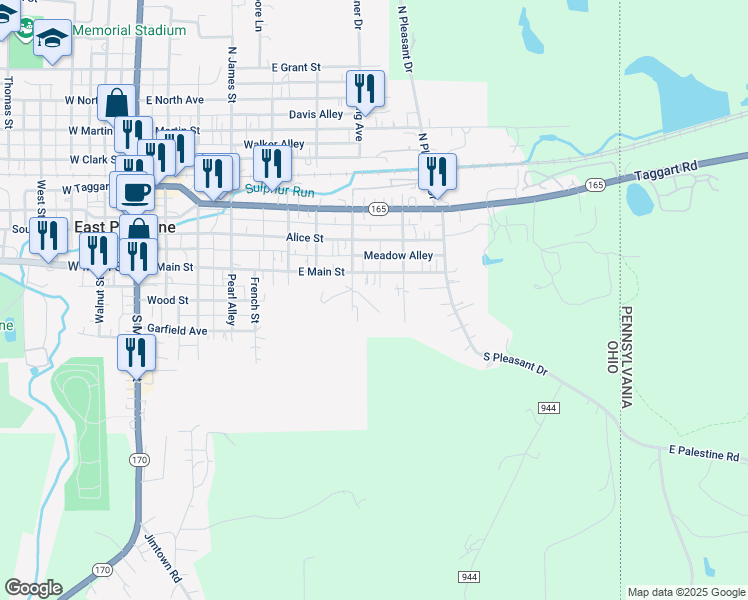 map of restaurants, bars, coffee shops, grocery stores, and more near 66 South Washington Street in East Palestine