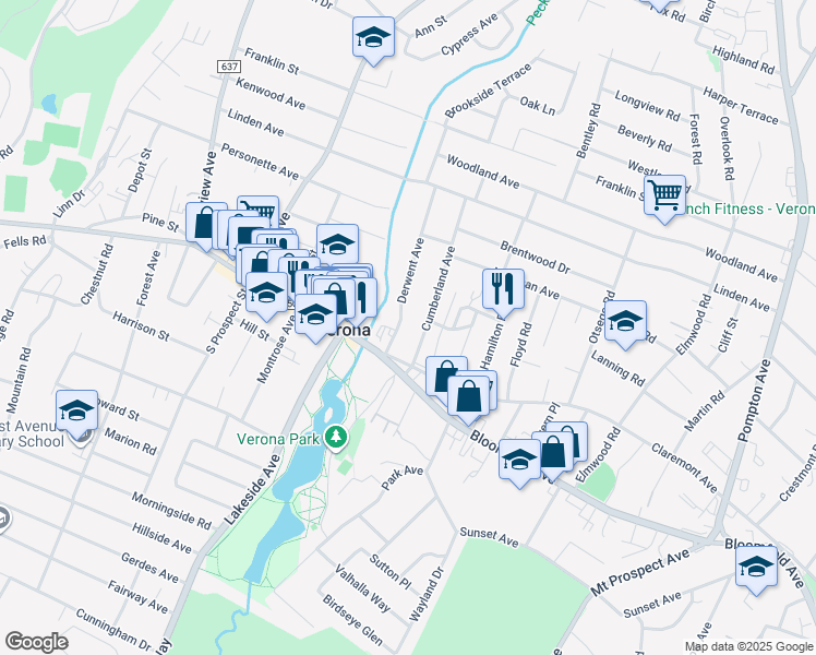 map of restaurants, bars, coffee shops, grocery stores, and more near 21 Derwent Avenue in Verona