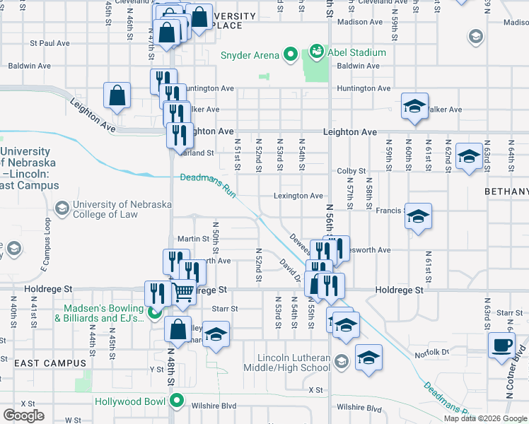 map of restaurants, bars, coffee shops, grocery stores, and more near 5200 Francis Street in Lincoln