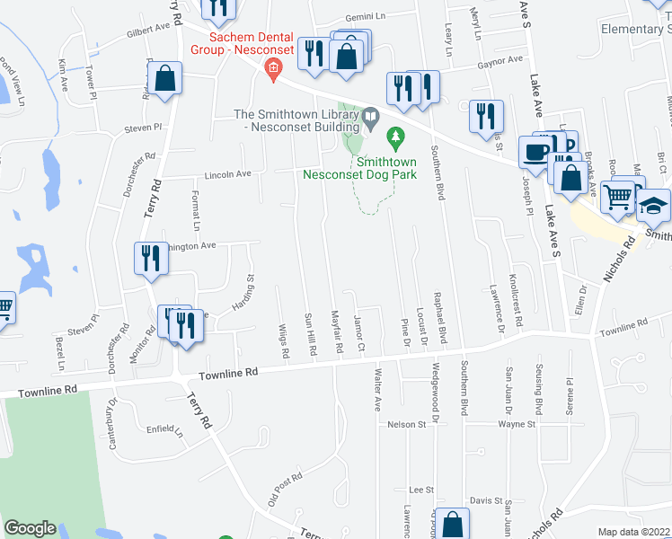 map of restaurants, bars, coffee shops, grocery stores, and more near 87 Mayfair Road in Nesconset