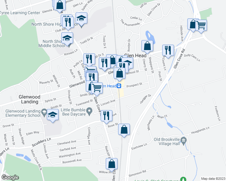 map of restaurants, bars, coffee shops, grocery stores, and more near 7 Oaklawn Avenue in Glen Head