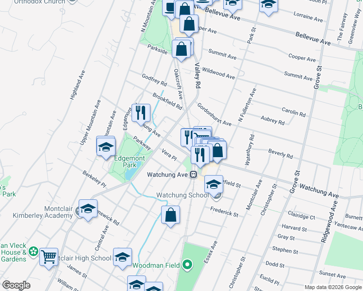 map of restaurants, bars, coffee shops, grocery stores, and more near 88 Watchung Avenue in Montclair