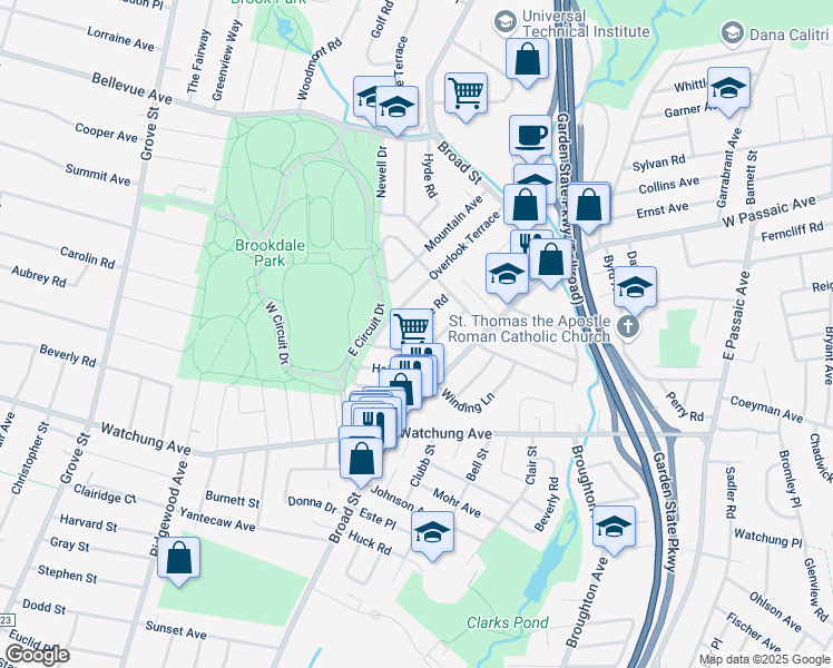 map of restaurants, bars, coffee shops, grocery stores, and more near 38 Oakridge Road in Bloomfield