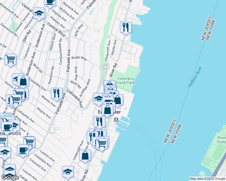 map of restaurants, bars, coffee shops, grocery stores, and more near 1080 River Road in Edgewater