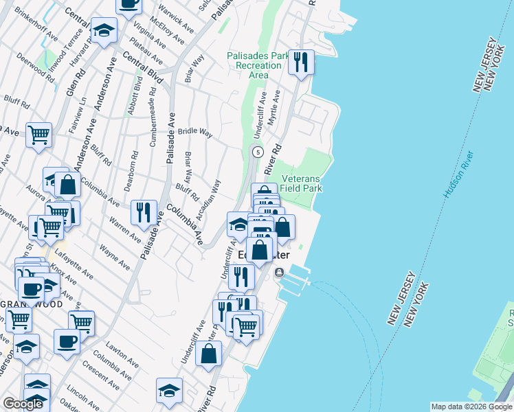 map of restaurants, bars, coffee shops, grocery stores, and more near 1080 River Road in Edgewater