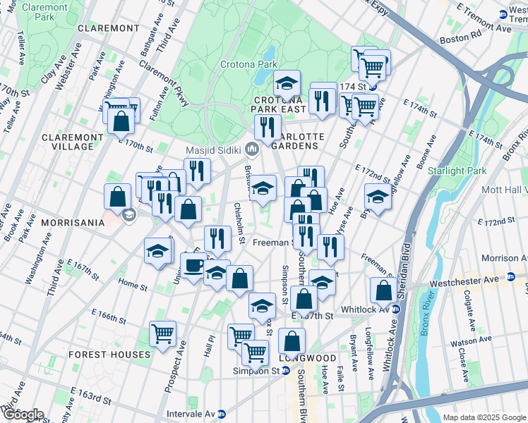 map of restaurants, bars, coffee shops, grocery stores, and more near 1330 Bristow Street in Bronx