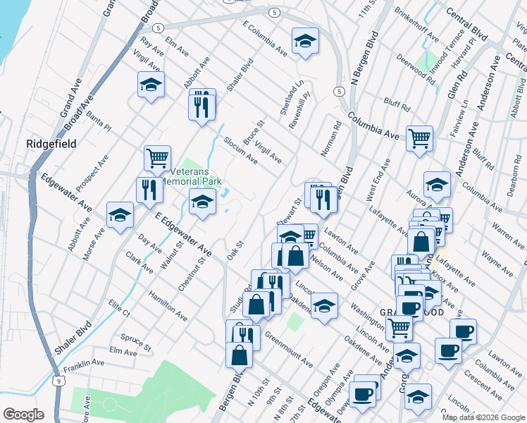 map of restaurants, bars, coffee shops, grocery stores, and more near 620 Oak Street in Ridgefield