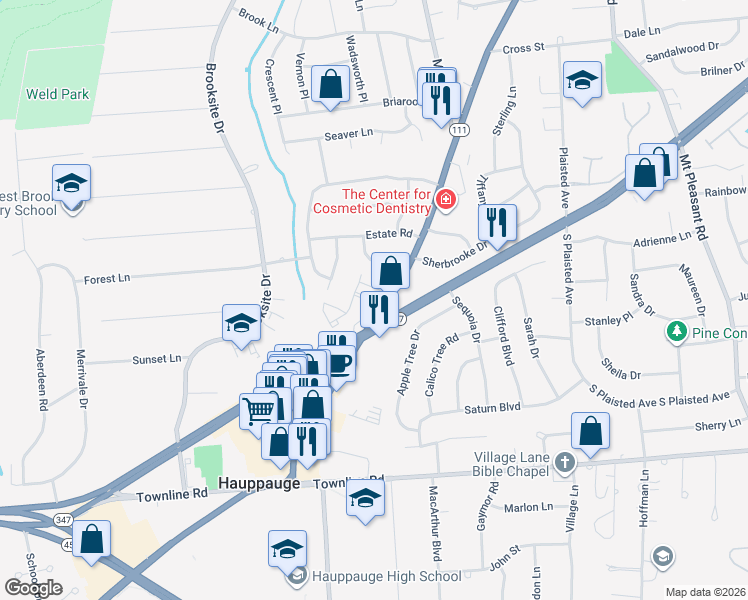 map of restaurants, bars, coffee shops, grocery stores, and more near 522 Nesconset Highway in Smithtown