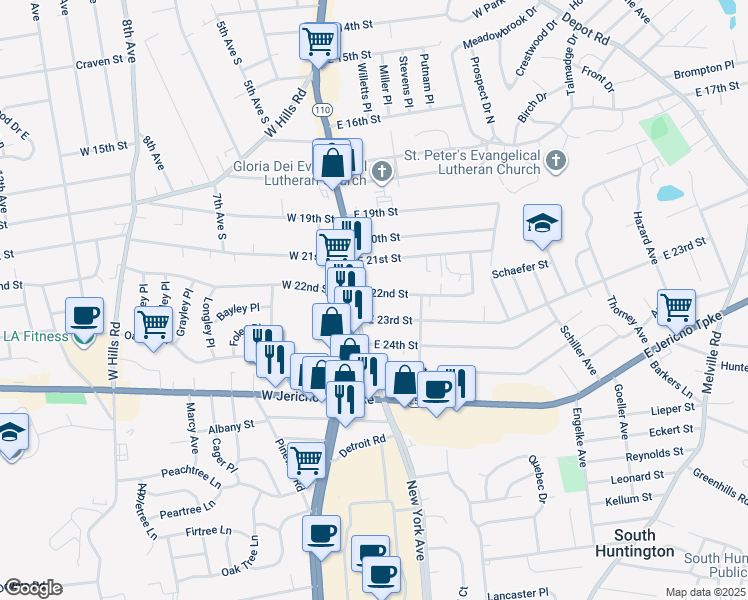 map of restaurants, bars, coffee shops, grocery stores, and more near in Huntington Station
