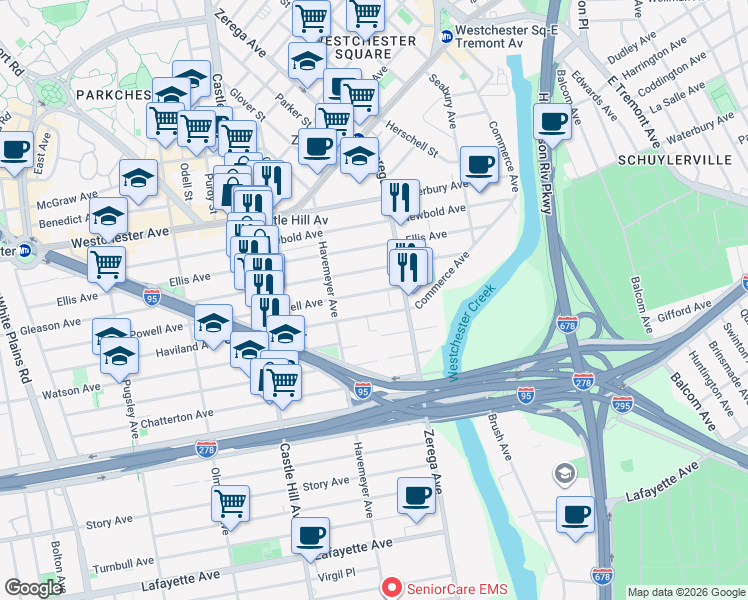 map of restaurants, bars, coffee shops, grocery stores, and more near 2332 Powell Avenue in The Bronx