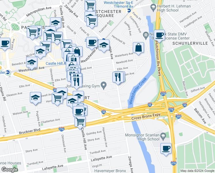 map of restaurants, bars, coffee shops, grocery stores, and more near 2332 Powell Avenue in The Bronx