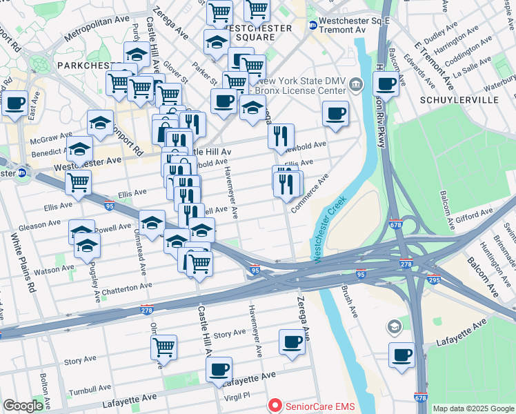 map of restaurants, bars, coffee shops, grocery stores, and more near 2332 Powell Avenue in Bronx