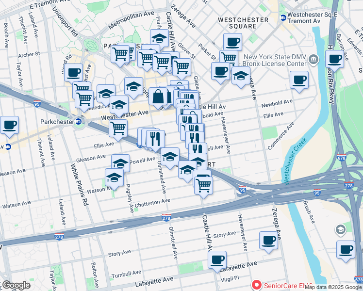 map of restaurants, bars, coffee shops, grocery stores, and more near 2138 Gleason Avenue in Bronx