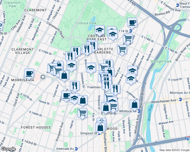 map of restaurants, bars, coffee shops, grocery stores, and more near 1355 Intervale Avenue in Bronx