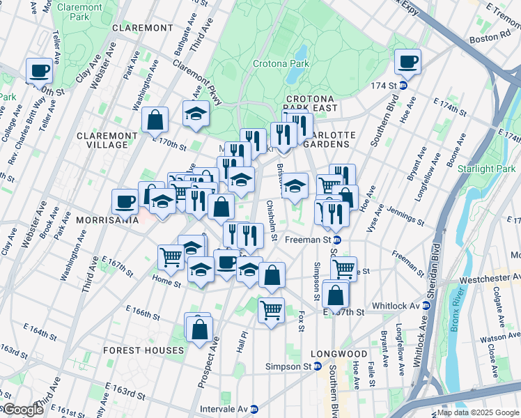 map of restaurants, bars, coffee shops, grocery stores, and more near 1333 Chisholm Street in Bronx