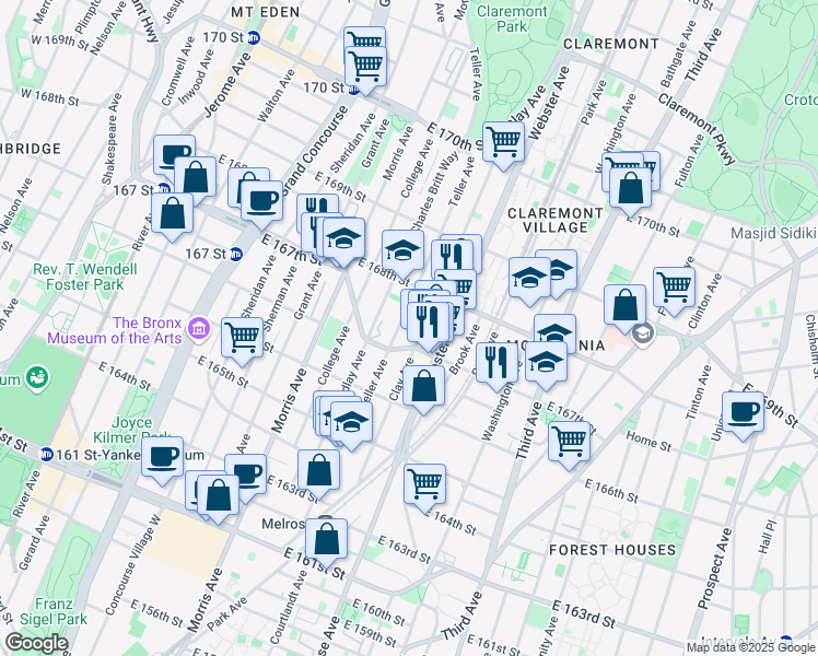 map of restaurants, bars, coffee shops, grocery stores, and more near 1174 Clay Avenue in The Bronx
